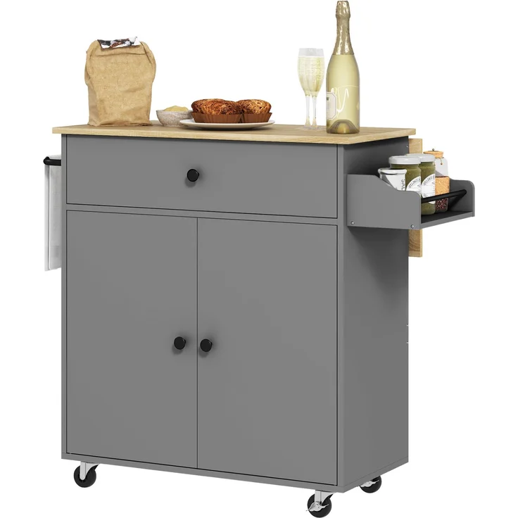 MELAYR, Küchenwagen mit Schublade, Schrankfach, Handtuchstange, 106 x 42 x 87 cm, Grau/Eiche – Bild 2