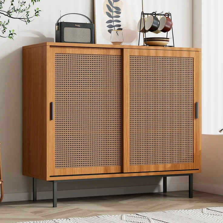 Sideboard mit Rattan-Schiebetüren, Landhausstil walnuss, 100x37x90 cm – Bild 2