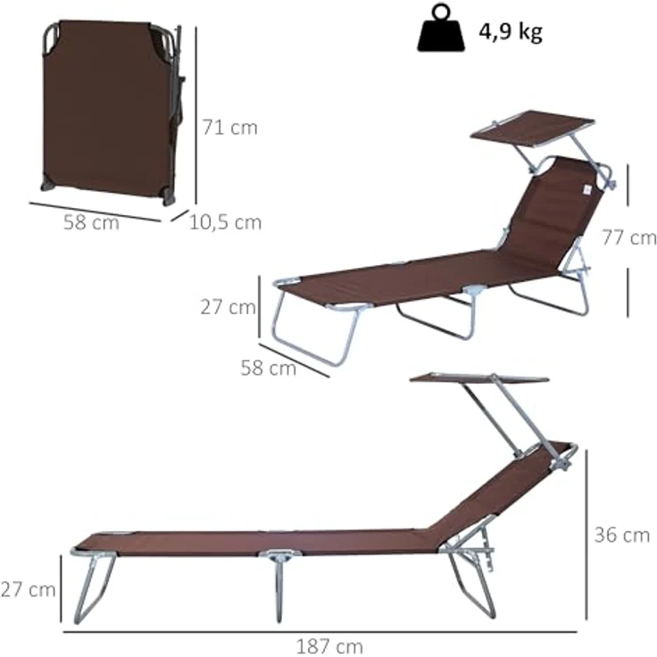 Outsunny Sonnenliege Gartenliege Wellnessliege Strandliege klappbar mit Sonnenschutz Braun 187 x 58 x 36 cm – Bild 4