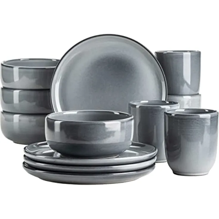 Frühstücksgeschirr Set für 4 Personen mit henkellosen Kaffeebechern, moderne nordische Formen, 12-teiliges Service; Grau