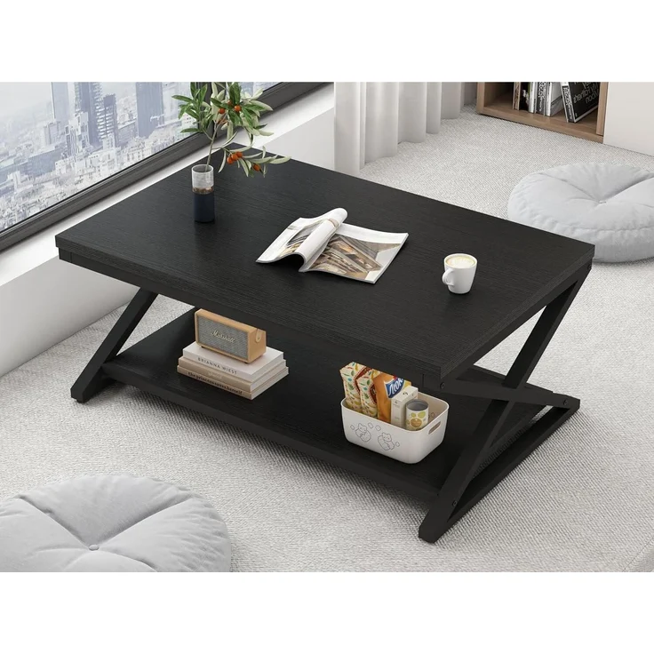Couchtisch Klein Schwarz Holz Metall Stauraum Beistelltisch 100x60x45cm – Bild 4