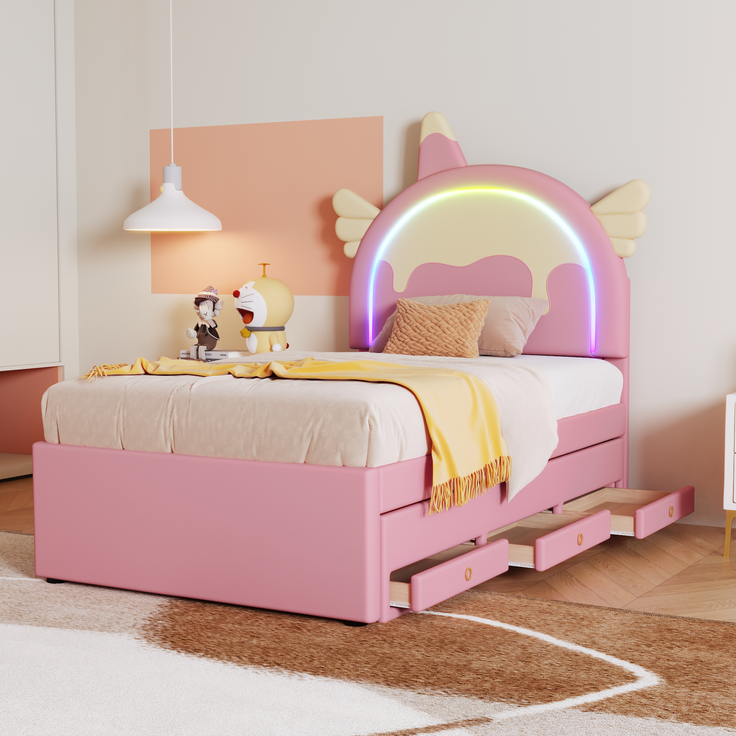 Kinderbett Einhorn 90x200 cm mit ausziehbarem Rollbett, Stauraum, Einhorn-Design, Bett für Mädchen, Kinderzimmer Bett – Bild 5