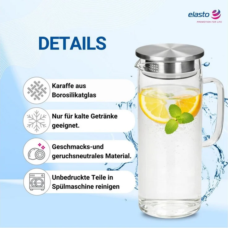 elasto Wasserkaraffe Glaskaraffe mit Deckel und Sieb 1,5 Liter aus Borosilikatglas – Bild 2
