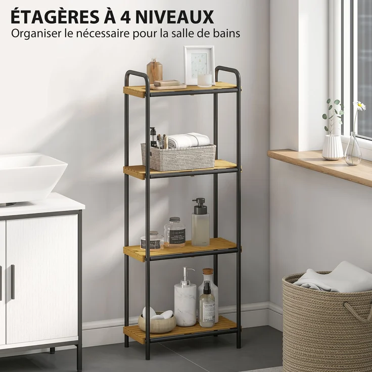 Badezimmerregal, schmaler, freistehender Aufbewahrungsregal mit 4 Ebenen aus Bambus, 1,5 x 21,5 x 106 cm, Naturholzoptik – Bild 6