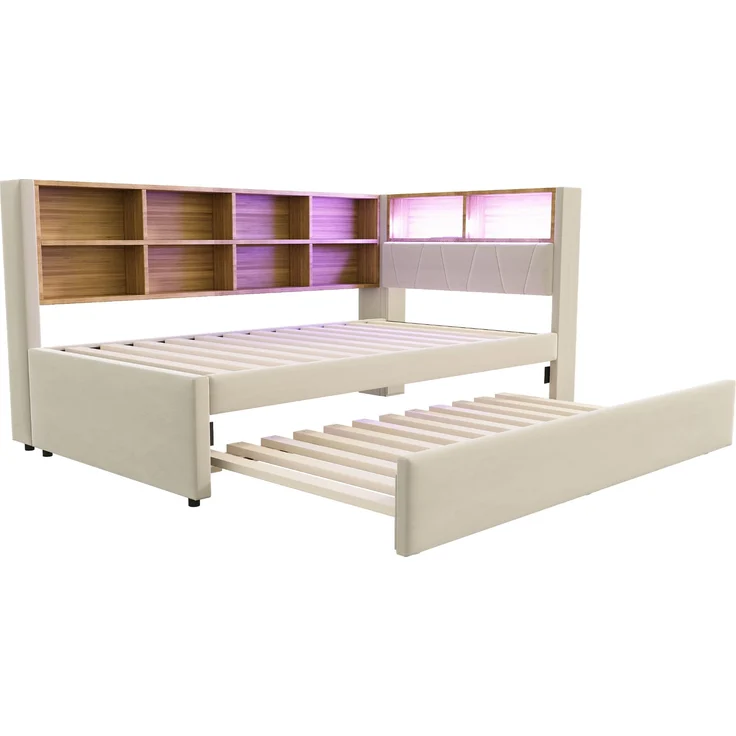 Bett 90x200 cm mit Ausziehbett 90x190 cm, Flanellbezug in Beige, mit Stauraum und LED-Beleuchtung – Bild 8