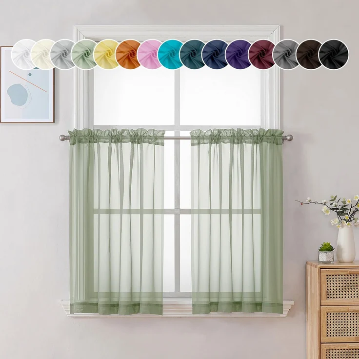 Chyhomenyc Durchsichtige Fenstervorhänge, Etagenpaar, 91,4 cm lang, Kurze Voile-Vorhänge für kleines Fenster, Badezimmer, Café, Wohnzimmer, 2 Stück, 106x91,4 cm, Stangentasche, Salbeigrün