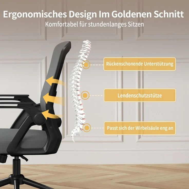 ZAISZE Bürostuhl Ergonomischer Bürostuhl mit Mesh-Rückenlehne und Lendenstütze (Verstellbarer Armlehnen, Atmungsaktiv, Höhenverstellbarer Schreibtischstuhl mit 90° Klappbaren Armlehnen), Verlängerte und Verbreiterte Rückenlehne, Drehstuhl fürs Homeoffice – Bild 3