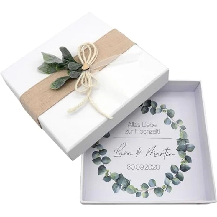 ZauberDeko Geschenkbox Geldgeschenk Verpacken MIT NAME Geschenk Hochzeit Herz Weiß Eukalyptus – Bild 1