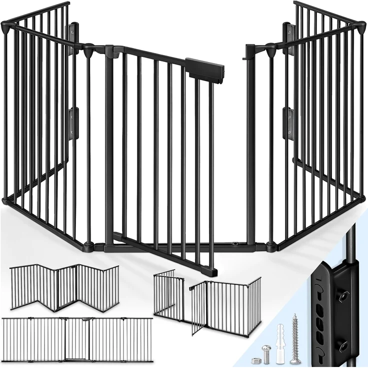 KIDUKU® Kaminschutzgitter mit Tür Metall 305 cm | Absperrgitter Ofenschutzgitter faltbar | Konfigurationsgitter inkl. 5 Elementen (Schwarz) – Bild 1