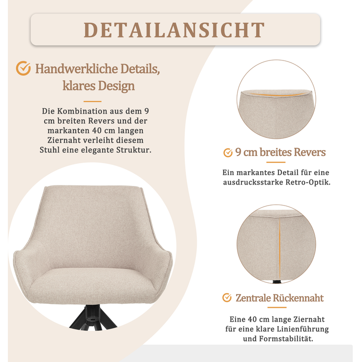 GOEURVANT 2178 Esszimmerstühle 2er-Set mit Armlehnen, 360° Drehbar, Wippfunktion, Webstoff - Beige – Bild 8