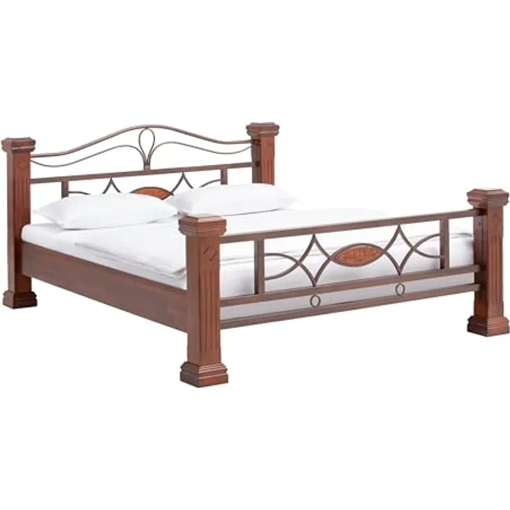 Massives Holzbett 200x200 cm braun rustikal – Doppelbett mit Metallgestell & Holzpfosten – Stabil & stilvoll für gemütliches Schlafzimmer Ambiente