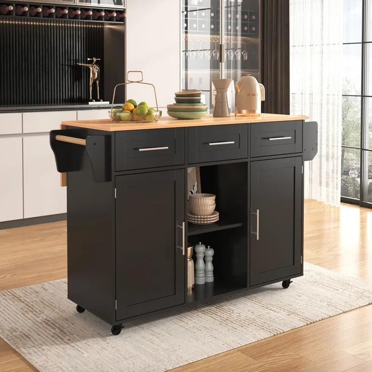 Küchenwagen B 139 x T 46(71) x H 91,5 cm aus MDF, schwarz/natur, mit klappbarer Arbeitsplatte