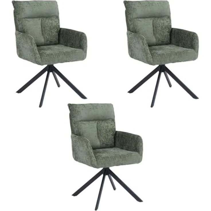 HOME DELUXE Esszimmerstuhl mit Armlehne ALUNA Chenille - 3er Set Grün – Bild 1