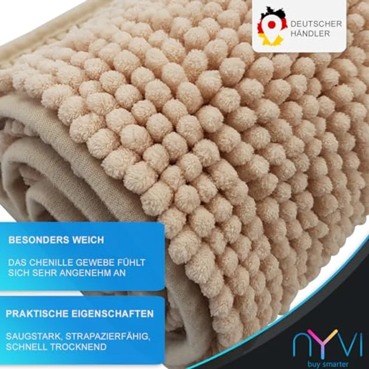NYVI NYVISpa Badematten Set 2-teilig, Chenille 45x50 + 50x80 cm, Beige - rutschfest, saugfähig, schnell trocknend, Fußbodenheizung geeignet, Oeko-TEX – Bild 3