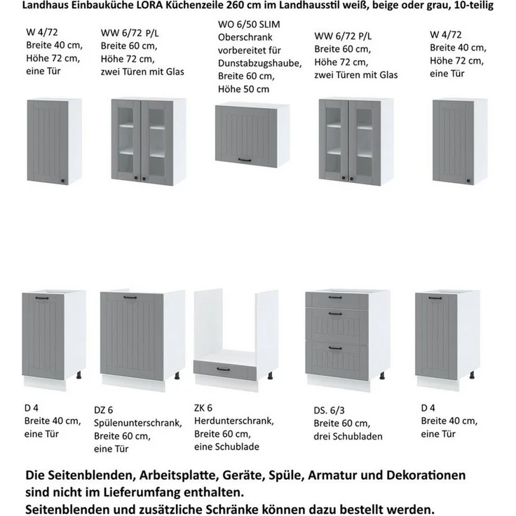 Möbel für Dich Küchenzeile Landhaus Einbauküche LORA 260 cm im Landhausstil 10-teilig, Fronten in weiß, Beige oder Grau – Bild 4