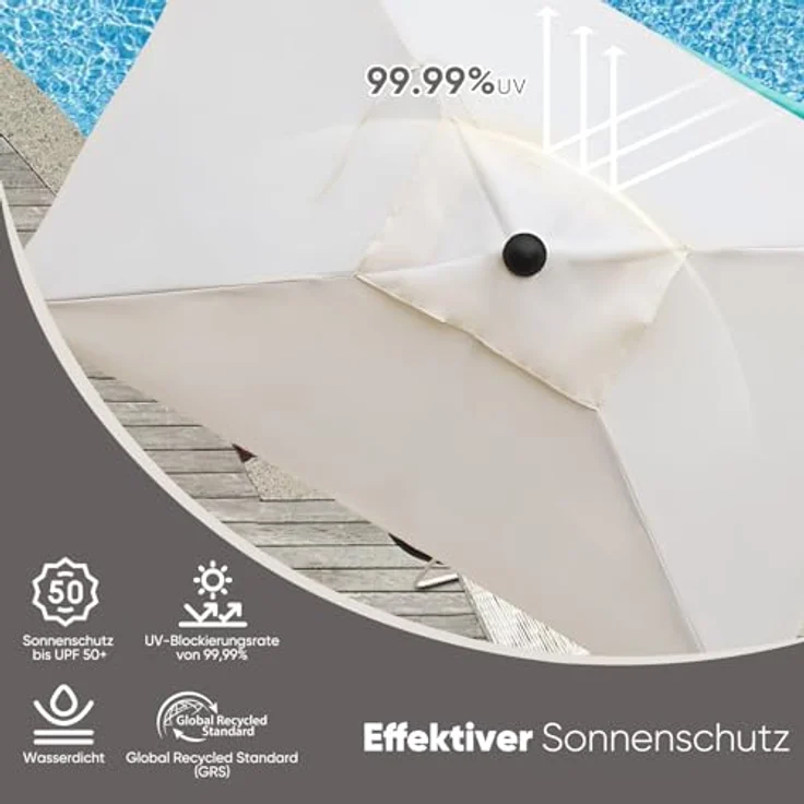 Sekey Sonnenschirm mit Kurbel und UV50+, knickbar, Aluminium creme, 210 × 140 cm – Bild 7