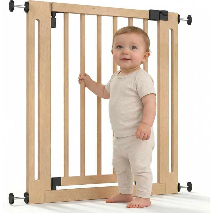 Safetots Naturholz Elegance Treppenschutzgitter, Natur, 87cm - 95cm, Druckmontage Sicherheitsgitter, 65cm Extra Breite Türöffnung, Einteiliges Extra Breites Gitter für Treppen, Flure und Türen
