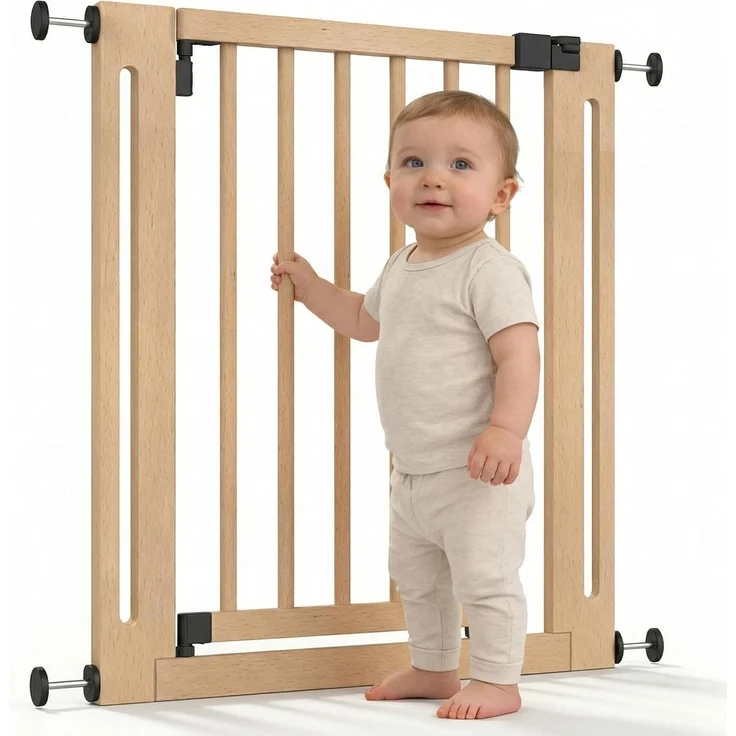 Safetots Naturholz Elegance Treppenschutzgitter, Natur, 87cm - 95cm, Druckmontage Sicherheitsgitter, 65cm Extra Breite Türöffnung, Einteiliges Extra Breites Gitter für Treppen, Flure und Türen