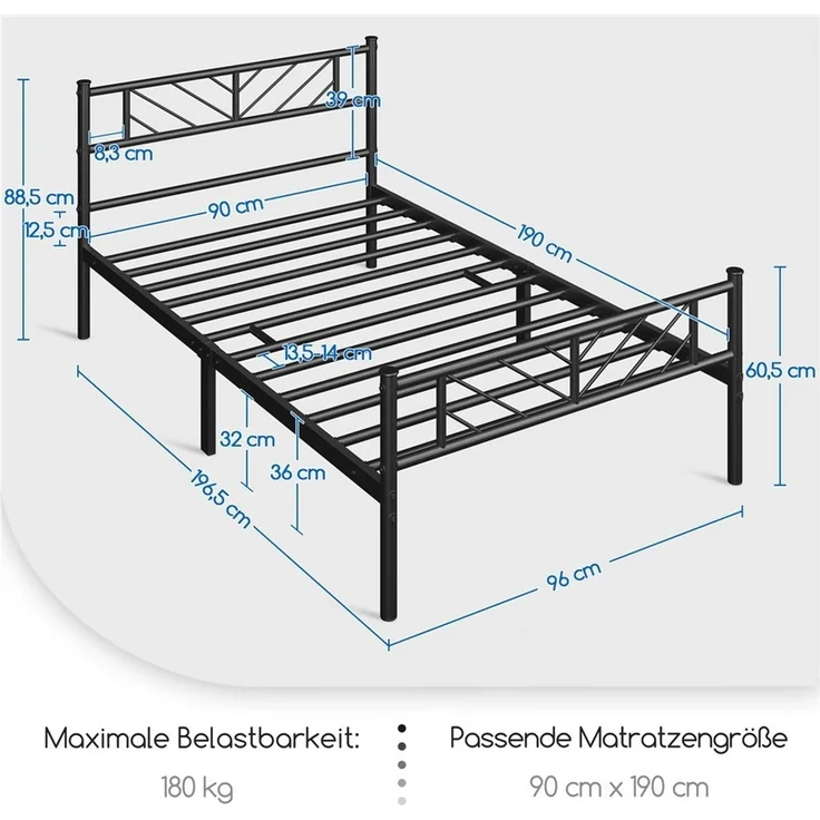 Yaheetech Bettgestell mit Kopfteil, mit Lattenrost, Metall Schwarz, 90x190 cm – Bild 3