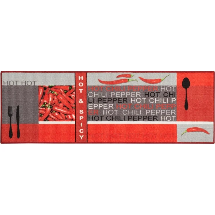 Teppichläufer Küchenläufer Chilidesign Chililäufer Küchenteppich – Wohnzimmer Eingangsbereich Flur Küche – Hot & Spicy - gekettelt strapazierfähig pflegeleicht – 67x250 cm rot