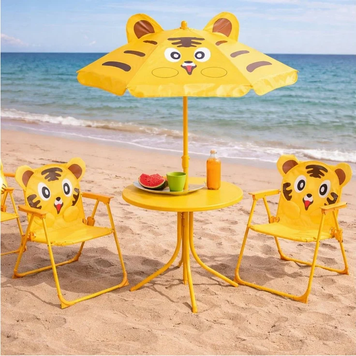 Koopman Garten-Kindersitzgruppe Sitzgruppe Strandstuhl Strandschirm Tisch Kindermöbel 4tlg, (1-tlg), Tiger-Design, Faltstuhl, Orange / Gelb, Schattenspender, Outdoor – Bild 1