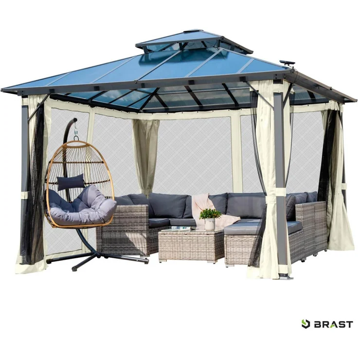 BRAST Pavillon Aluminium Pagode 3,5x3,5m Beige inkl. Moskitonetz festes Dach wasserdicht stabil UV-Schutz – Bild 9