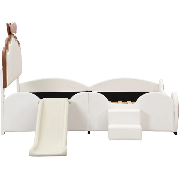 Merax 140*200cm Kinderbett Polsterbett, Schmetterlingsbett LED-Farbwechsellicht, Fernbedienung, ausgestattet mit Rutsche und Leiter, PU-Material, schöne Form, rosa + weiß – Bild 6