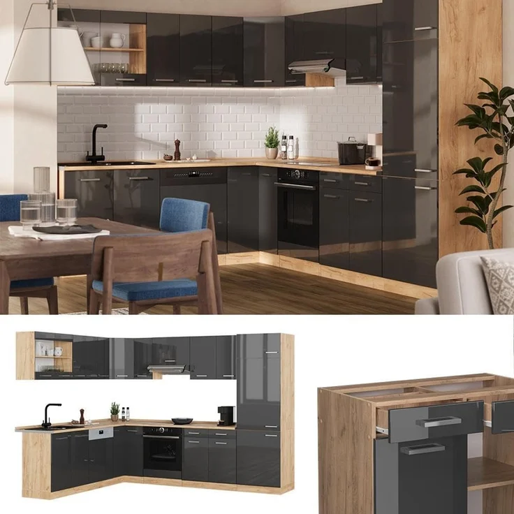 Eckküche R-Line Anthrazit Hochglanz/Goldkraft Eiche 287 x 227 cm ohne Arbeitsplatte Vicco – Bild 6