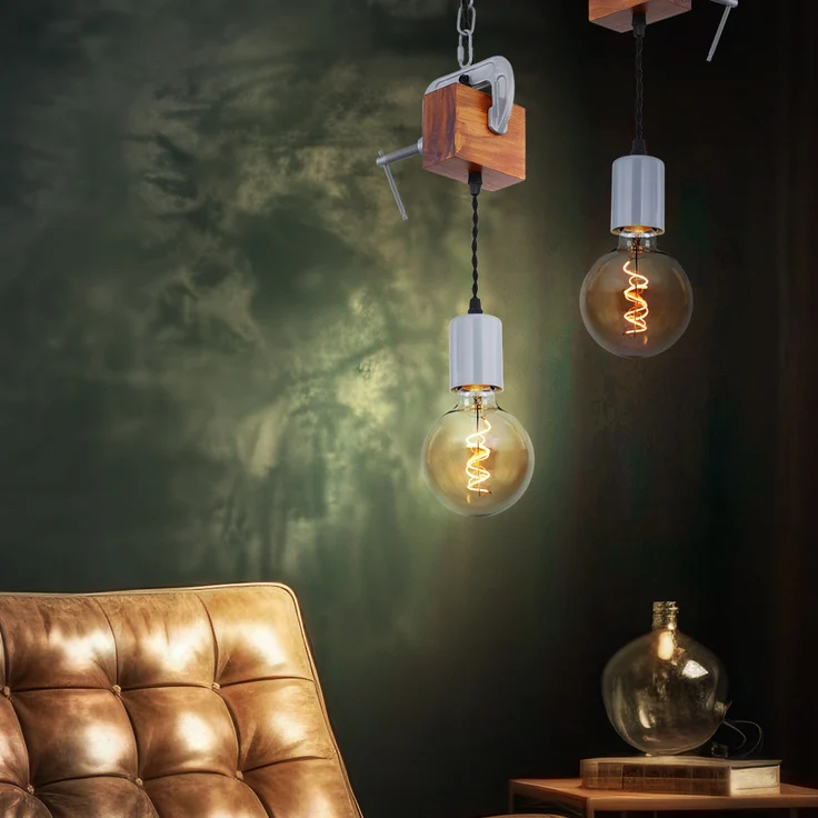 Hängeleuchte, Holz antik Metall verzinkt, Schraubzwinge, H 120cm – Bild 7