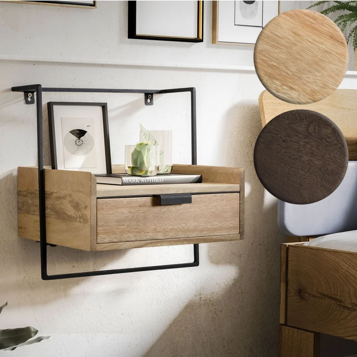 FINEBUY Nachttisch FB64190 (Nachtkonsole für Wandmontage 44x35 cm Dunkelbraun), Nachtschrank Mango Massivholz, Nachtkästchen – Bild 7