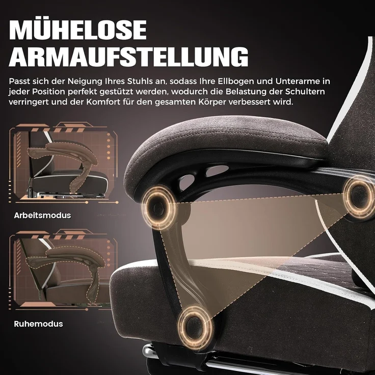 GTPLAYER Gaming Stuhl Ergonomischer, PC Stuhl Atmungsaktiver Stoff, Groß und Hoch Drehbarer Schreibtischstuhl mit Fußstütze,Verstellbare Lendenwirbelstütze und Kopfstütze,Braun – Bild 7