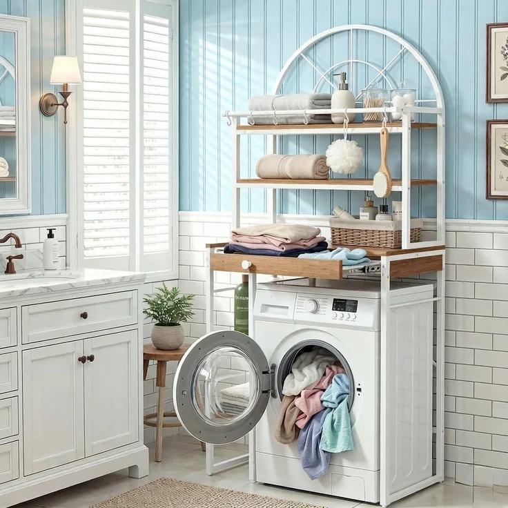 YITAHOME Regal für über der Waschmaschine, Regal für über der Toilette mit 3 Ablagen, Bogendesign, Materialmix aus Metall und Holz mit Schubladen-Stapelregal, 86 x 200 x 40 cm, Weiß