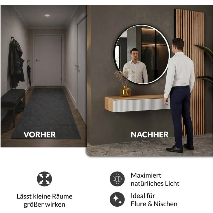 Planetmöbel Konsolentisch AMYRA Flurtisch 100 cm, VELUNA Spiegel mit Beleuchtung 60 - 100 cm (Konsolentisch 100 cm, inkl. Spiegel mit Beleuchtung rund 80x80 cm), Wandkonsole & Wandspiegel Flur Set – Bild 3