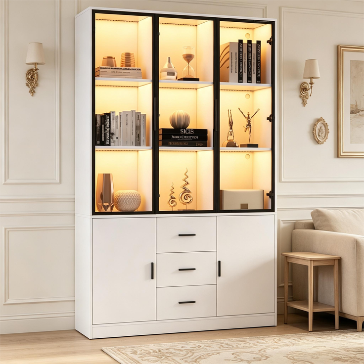 ZUBALIYA Vitrine mit Glasschrank Tür und LED-Licht, Vitrinenschrank Glasvitrine mit MultiStorage Bücherregal, Highboard Sammlervitrine mit Griff, 3 Schubladen & Türen, Wohnzimmerschrank, Weiß – Bild 7
