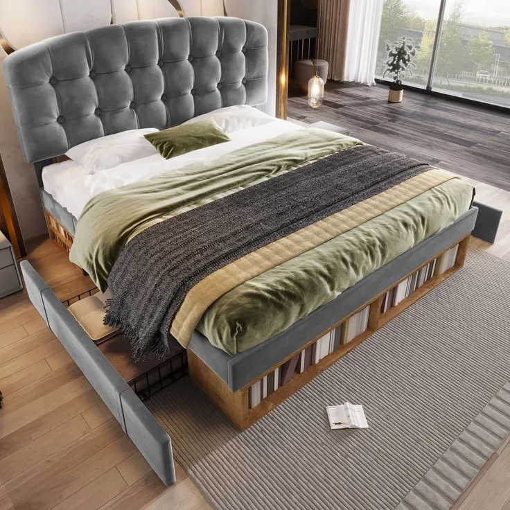 Merax Doppelbett 140x200 cm, Polsterbett mit Lattenrost, Bettgestell mit gebogenem höhenverstellbarem Kopfteil, Bett mit Schubladen und Stauraum, Samt, Grau