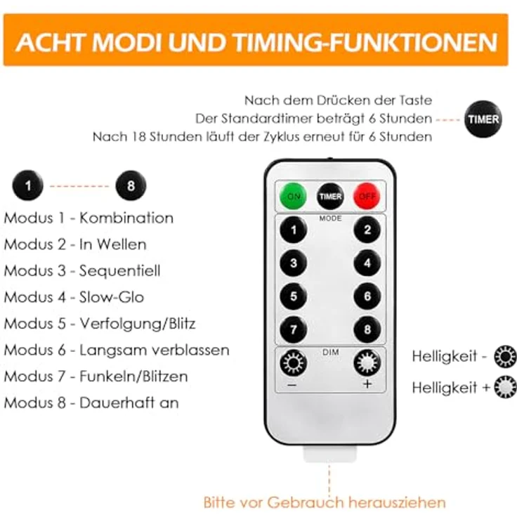 WEARXI Lichterkette, 3×3m Lichtvorhang mit 300 warmweißen LEDs, 8 Lichtmodi, USB-betrieben und dimmbar, IP65 wasserdicht – Bild 4