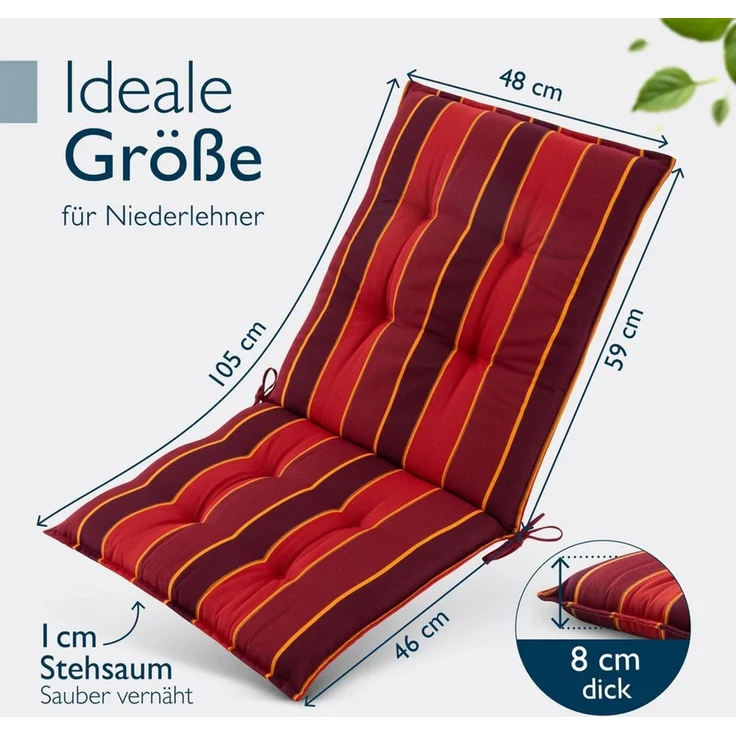 Beautissu Sitzauflage Premium Niedriglehner AuflageSun-NL, 100x50cm, RotGestreift, 8cm Dicke Gartenstuhlauflage mit Befestigung UV-Lichtechtheit 5 – Bild 2
