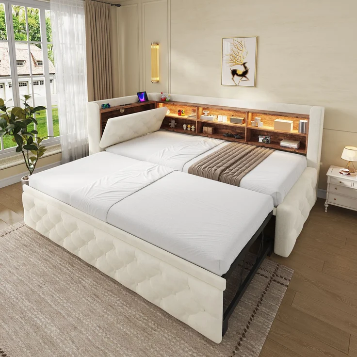 ZUBALIYA Tagesbett, mit Stauraum, mit LED-Beleuchtung, mit USB-C-Anschluss, inklusive Lattenrost, mit Schlaffunktion, Liegefläche 90 × 190 cm, H 84 × T 211 × B 181 cm, Beige, Samt – Bild 1