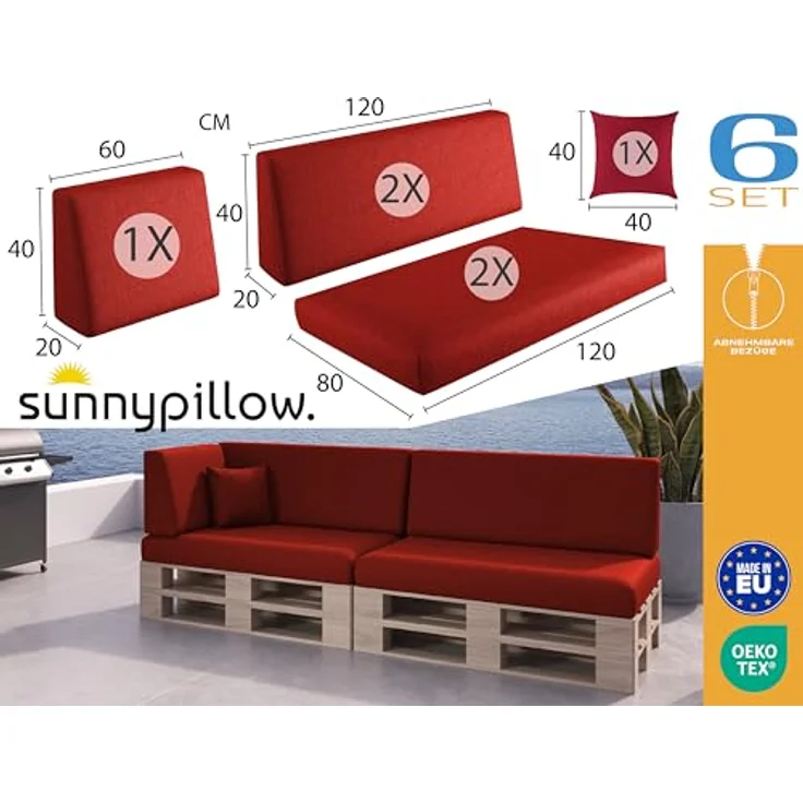 sunnypillow Palettenkissen mit abnehmbarem Bezug Kaltschaum Palettenauflage Palettenpolster Palettensofa Sitzkissen Rückenlehne Indoor Outdoor 6er Set 120x80 Rot – Bild 3