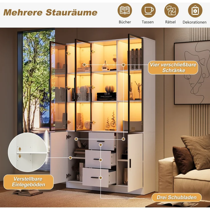 Vitrine mit Glasschrank Tür und LED-Licht, Vitrinenschrank Glasvitrine mit MultiStorage Bücherregal, Highboard Sammlervitrine mit Griff, 3 Schubladen & Türen ,Wohnzimmerschrank, Weiß, 120x30x200 cm--Weiß--120x30x200cm--YOUDENOVA – Bild 8