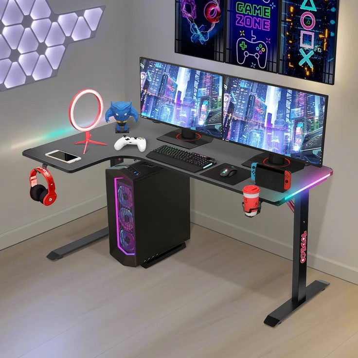 Todeco L-förmiger Gaming-Computertisch mit LED-Leuchten, Eckschreibtisch 140 x 100cm Gaming Schreibtisch, PC Tisch Gaming mit Kohlefaseroberfläche, mit Kopfhörerhaken Getränkehalter – Bild 2