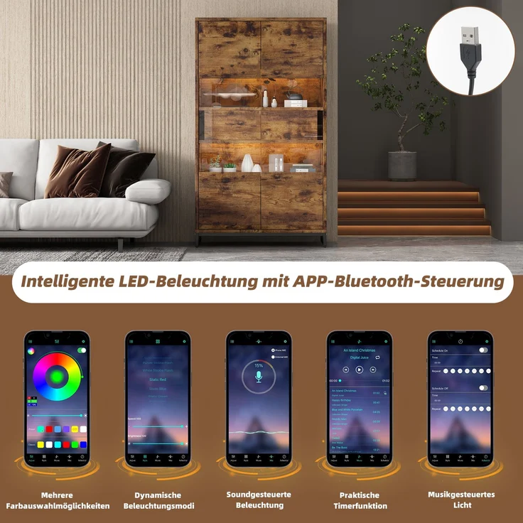 ZUBALIYA Vitrine (80 x 40 x 138 cm), 2 Türen und 2 Schubladen, LED - Beleuchtung, Transparente Elemente, Beige / Naturfarben / Schwarz – Bild 8