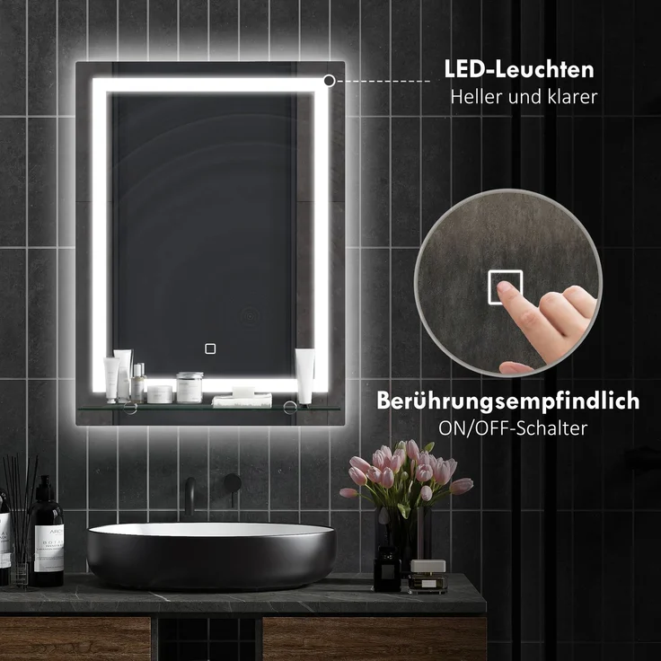 MELAYR, LED-Badspiegel, dimmbar, Anti-Beschlag, Touch-Schalter, Ablage, 50 x 70 cm, Silber – Bild 6