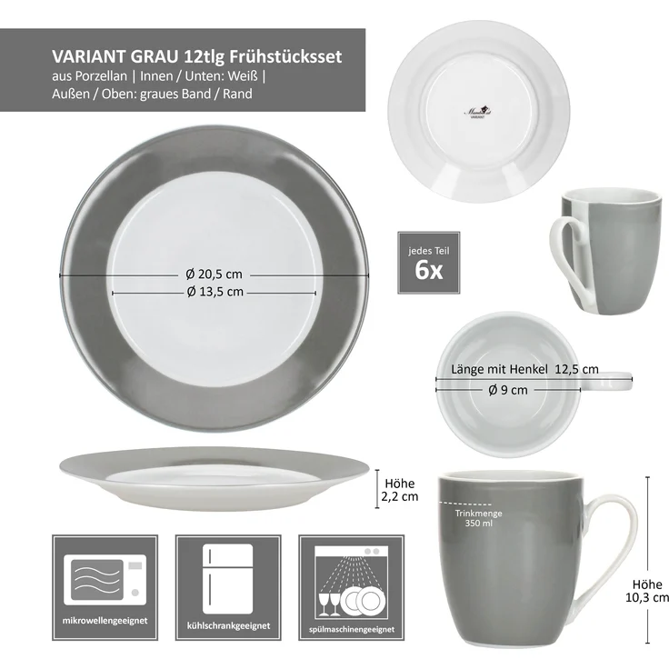 12tlg Frühstücksset Variant Grau Porzellan 6 Personen Teller klein Kaffeebecher – Bild 7
