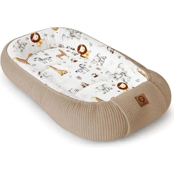 Babynestchen Neugeborene – Nestchen Baby aus Waffel Baumwolle & Baumwollstoff – Babynest für Babybett & Kinderbett – Baby Kokon Tragbar – OEKO-TEX zertifiziert – Zubehör für Babybett - ZOO und Braun – Bild 1