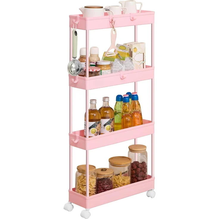 SONGMICS Rollwagen, Küchenwagen mit 4 Ebenen, Küchenregal, Nischenregal, mit 6 Haken, 360° drehbare Räder, Stahlgestell, Bad, Küche, Büro, pastellrosa KSC008R01 – Bild 1