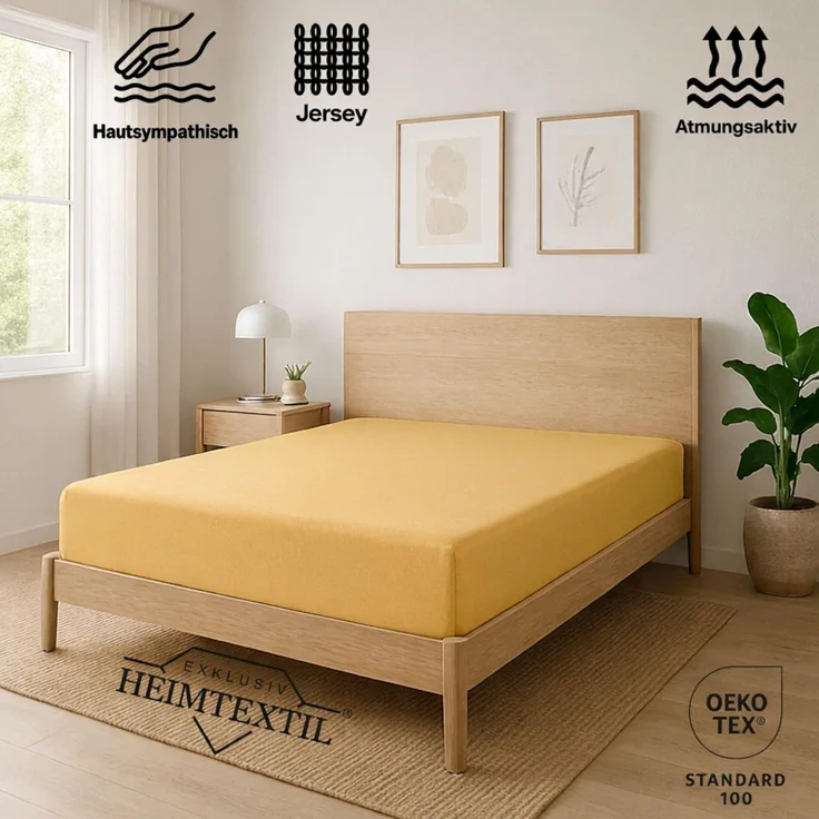 EXKLUSIV HEIMTEXTIL Jersey Spannbettlaken Premium 90 x 200 cm Gelb 100% Baumwolle Öko - Tex Zertifiziert Bed-Sheet Bettlaken Spannbetttuch Topper Leinentuch – Bild 2