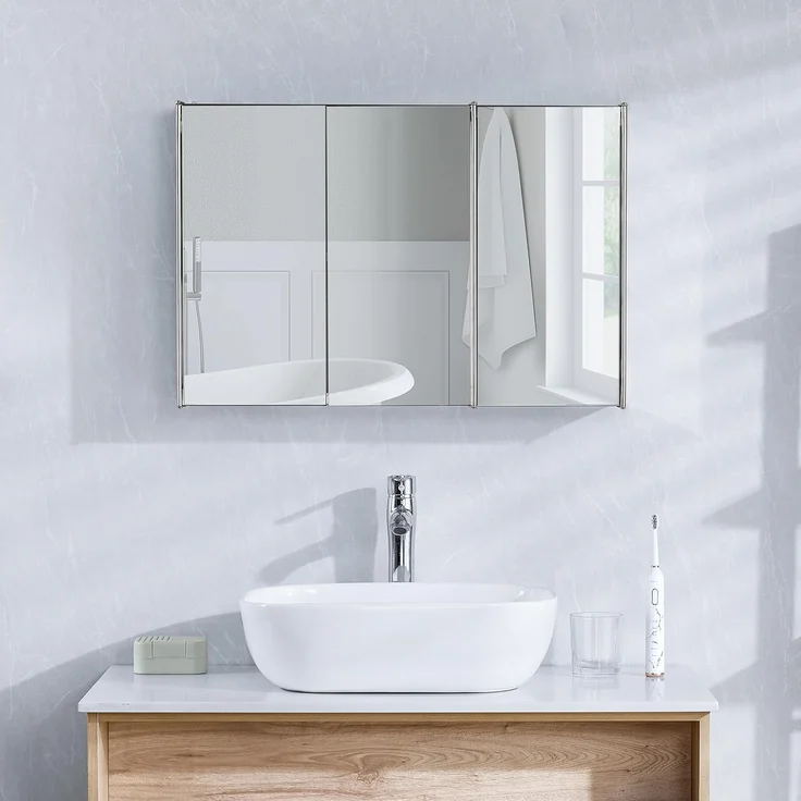 Home Discount Bath Vida Tiano Badezimmerschrank, dreifach verspiegelt, Wandmontage, Edelstahl, moderner Schrank, Glas, Silber, H 45 x W 68 x D 13 cm Approx – Bild 4