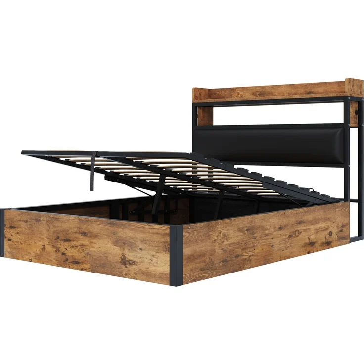 Bettrahmen 140x200 cm mit hydraulischer Hebevorrichtung, USB-Ladestation, gepolstertem Kopfteil, Vintage-Design aus Holz und Metall, Schwarz – Bild 10