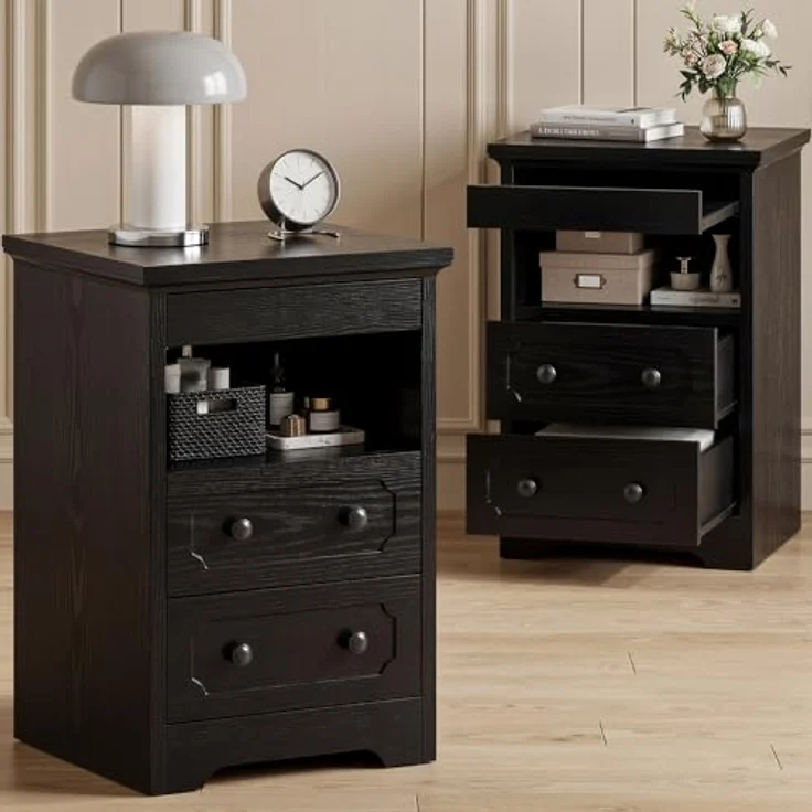 IRONCK Nachttisch 2er Set, Moderne Nachtkonsole mit 2 Schubladen, Offenem Fach, Beistelltisch mit Herausziehbarer Ablage, Holz-Nachttisch für Schlafzimmer, Wohnzimmer, Schwarz – Bild 1